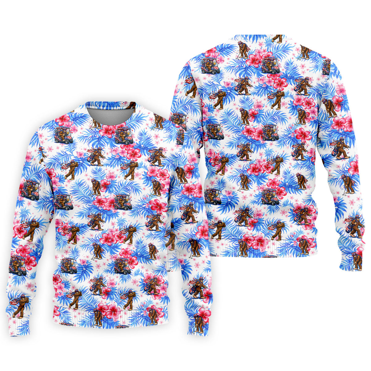 Funny Bigfoot Golf Pose 4th Of July Tropical Vibe Golf Shirts For Men, 250th Anniversary Patriotic Golf Shirt
