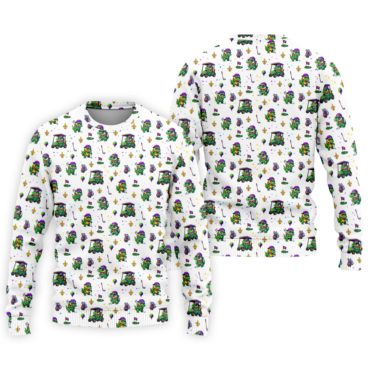 Funny Crocodile Golfing Mardi Gras Golf Shirts, White Golf Shirt, Golf Gift For Men, Golf Shirts For Men