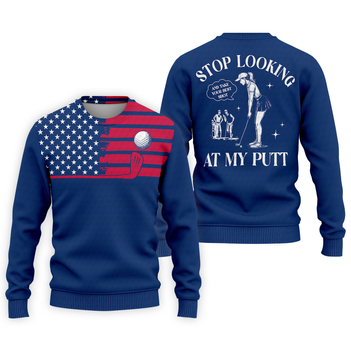 Stop Looking At My Putt US Flag Pattern Funny Golf Shirt, 250 Years 4th Of July Patriotic Golf Shirts For Men