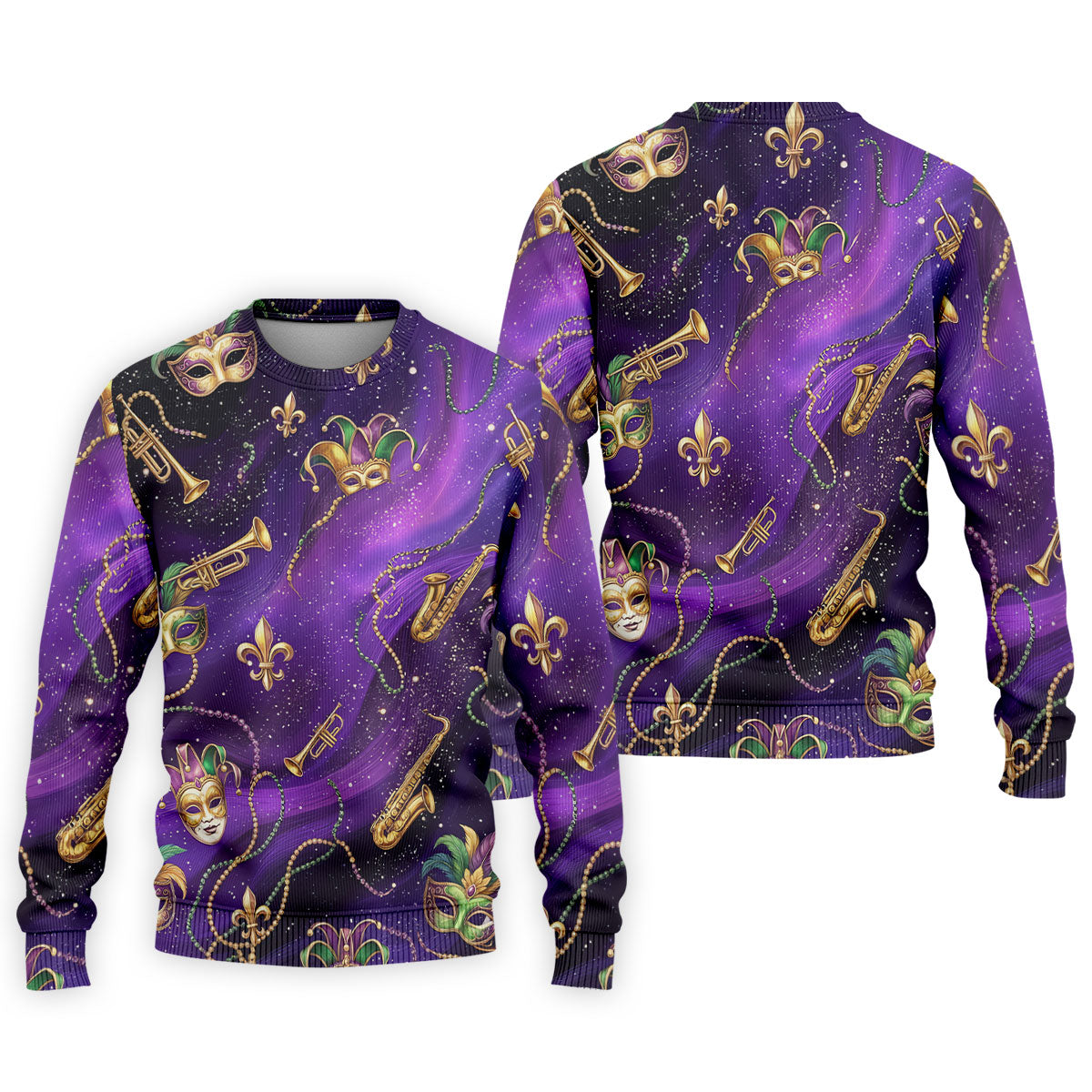Golden Fleur De Lis Trumpet And Saxophone Mardi Gras Masquerade Mask Purple Golf Shirt, Golf Shirts For Men