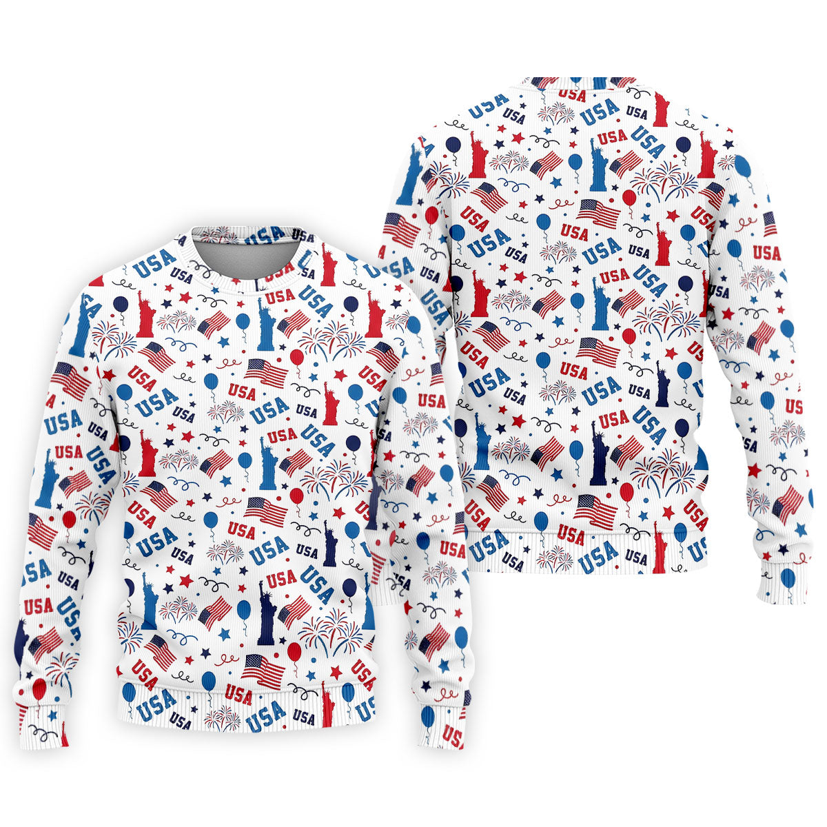 USA Red White Blue Seamless Pattern White Golf Shirt, 250th Anniversary Patriotic 4th Of July Golf Shirts For Men