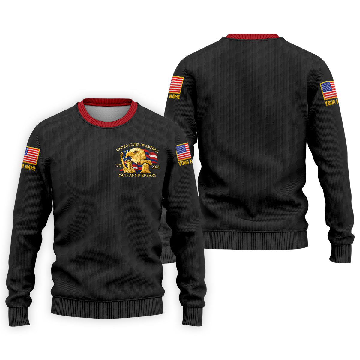 United States 250th Anniversary Patriotic Eagle Black Custom Golf Shirts, 4th Of July Golf Shirts For Men
