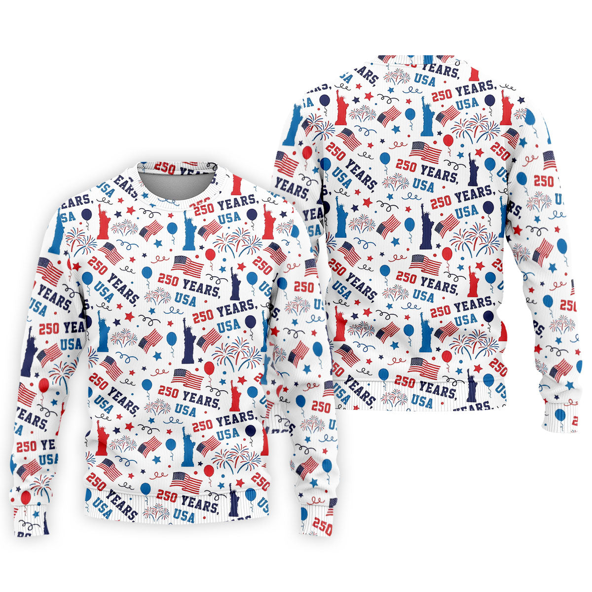250 Years USA Red White Blue Seamless Pattern White Golf Shirt, Patriotic 4th Of July Golf Shirts For Men