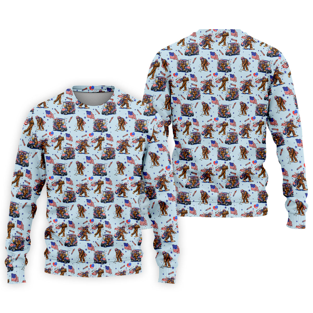 Funny Bigfoot 4th Of July American Flag Pattern Light Blue Golf Shirts For Men, 250th Anniversary Patriotic Golf Shirt