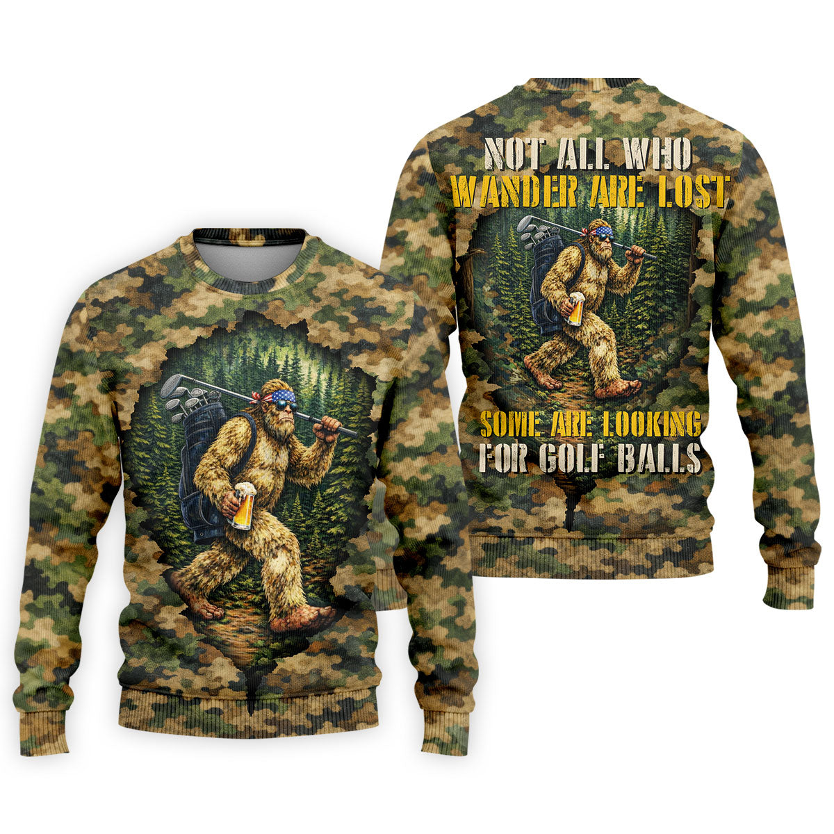 Camo Bigfoot Golfer Drinking Beer Polo Shirt, Mens Golf Shirts, Golf Apparel For Men