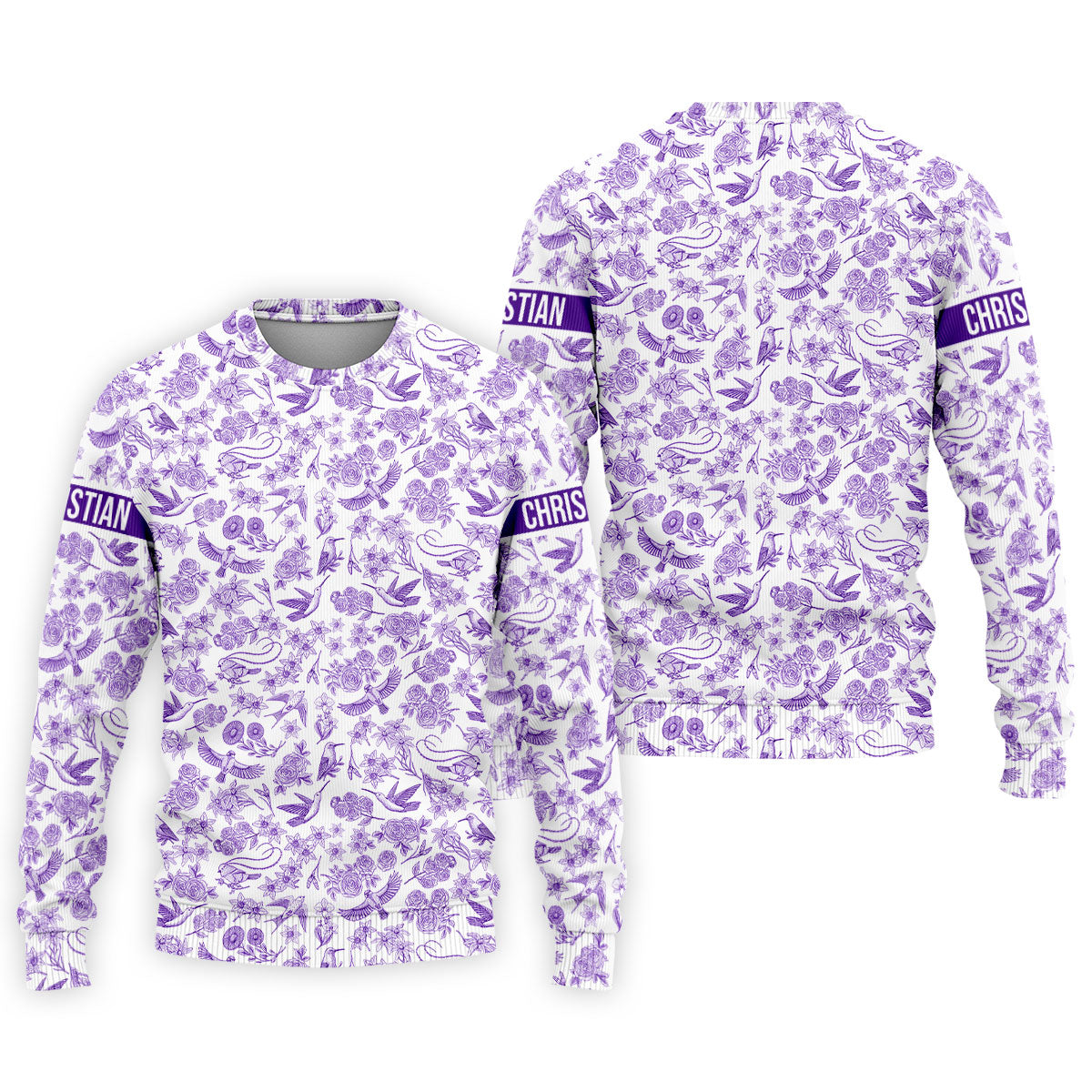 Custom Name Toile de Jouy Birds And Flowers Purple And White Polo ShirtFor Men, Golf Gift For Men