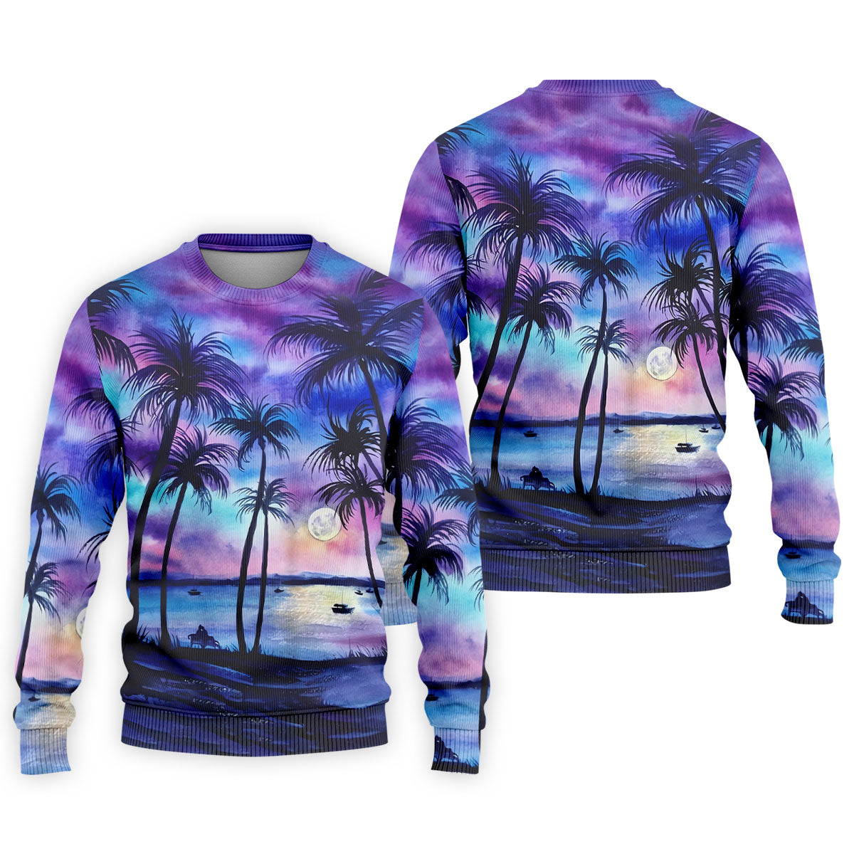 Moonlit Tropical Beach Palm Tree Design Hawaiian Golf Shirt, Golf Shirts For Men, Polo Shirts For Men