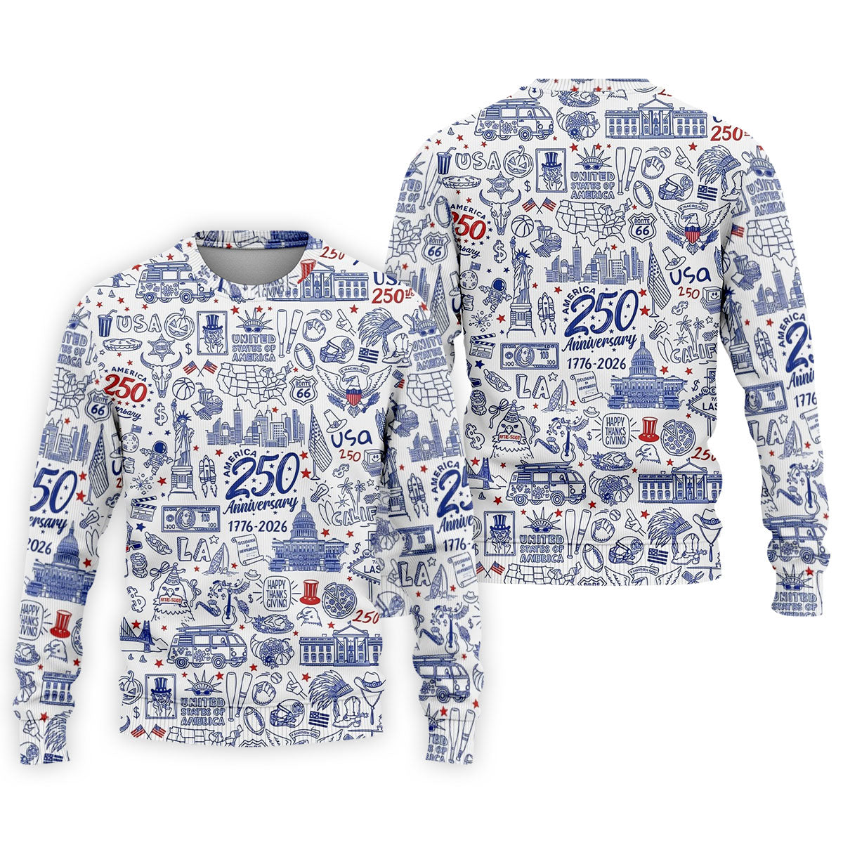 America 250 Anniversary US Symbols Doodle Pattern Patriotic Golf Shirt, 4th Of July Golf Shirts For Men