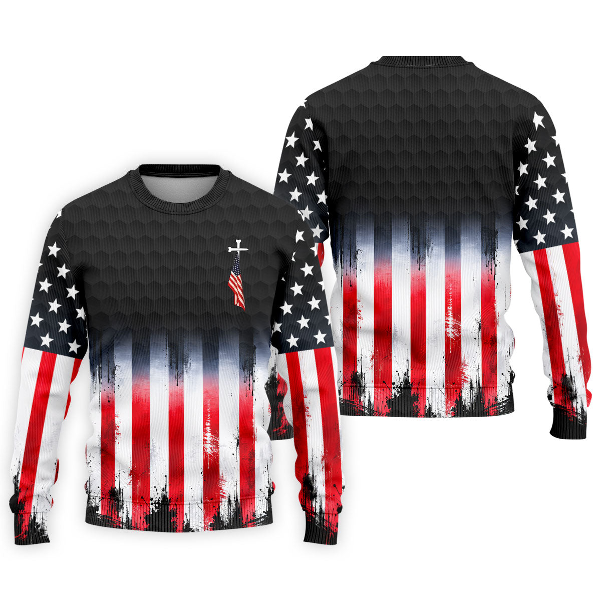 Faith Cross American Flag Patriotic Golf Ball Pattern 4th Of July Golf Shirt, 250th Anniversary Golf Shirts For Men