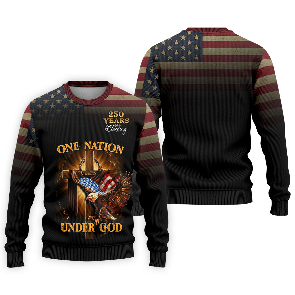 One Nation Under God 250 Years Faith Cross Golf Tops For Men, Patriotic US Flag Father's Day Golf Shirt