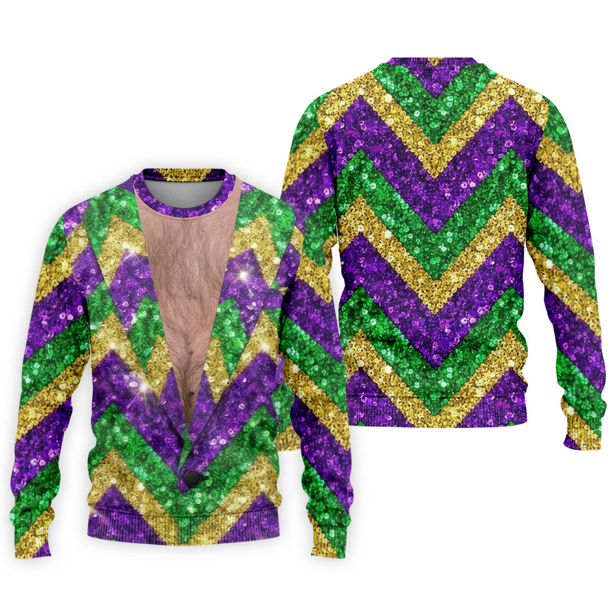 Mardi Gras Purple Green Gold Printed Sequin Zigzag Pattern Golf Shirts For Men, Men's Funny Golf Shirts