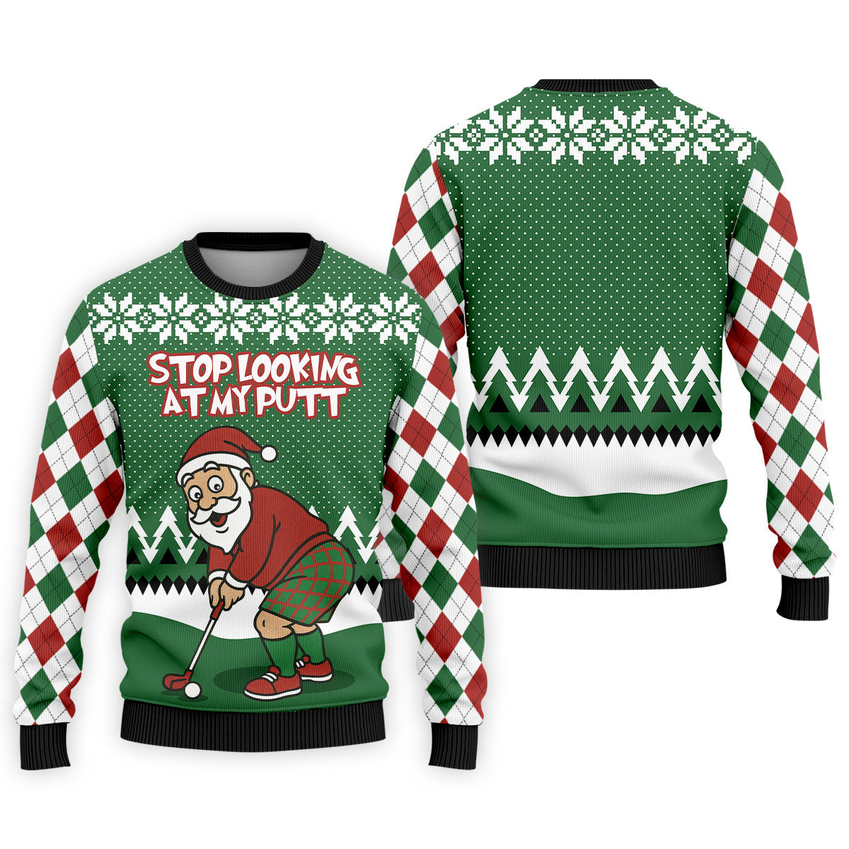 Stop Looking At My Putt Funny Santa Claus Argyle Golf Shirt, Christmas Golf Shirt, Polo ShirtFor Men