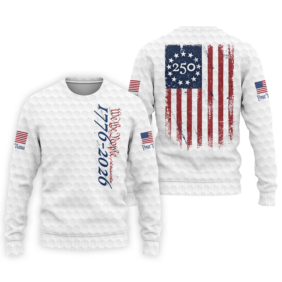 We The People Distressed American Flag White Golf Shirt, 250 Years Patriotic 4th Of July Golf Shirts For Men