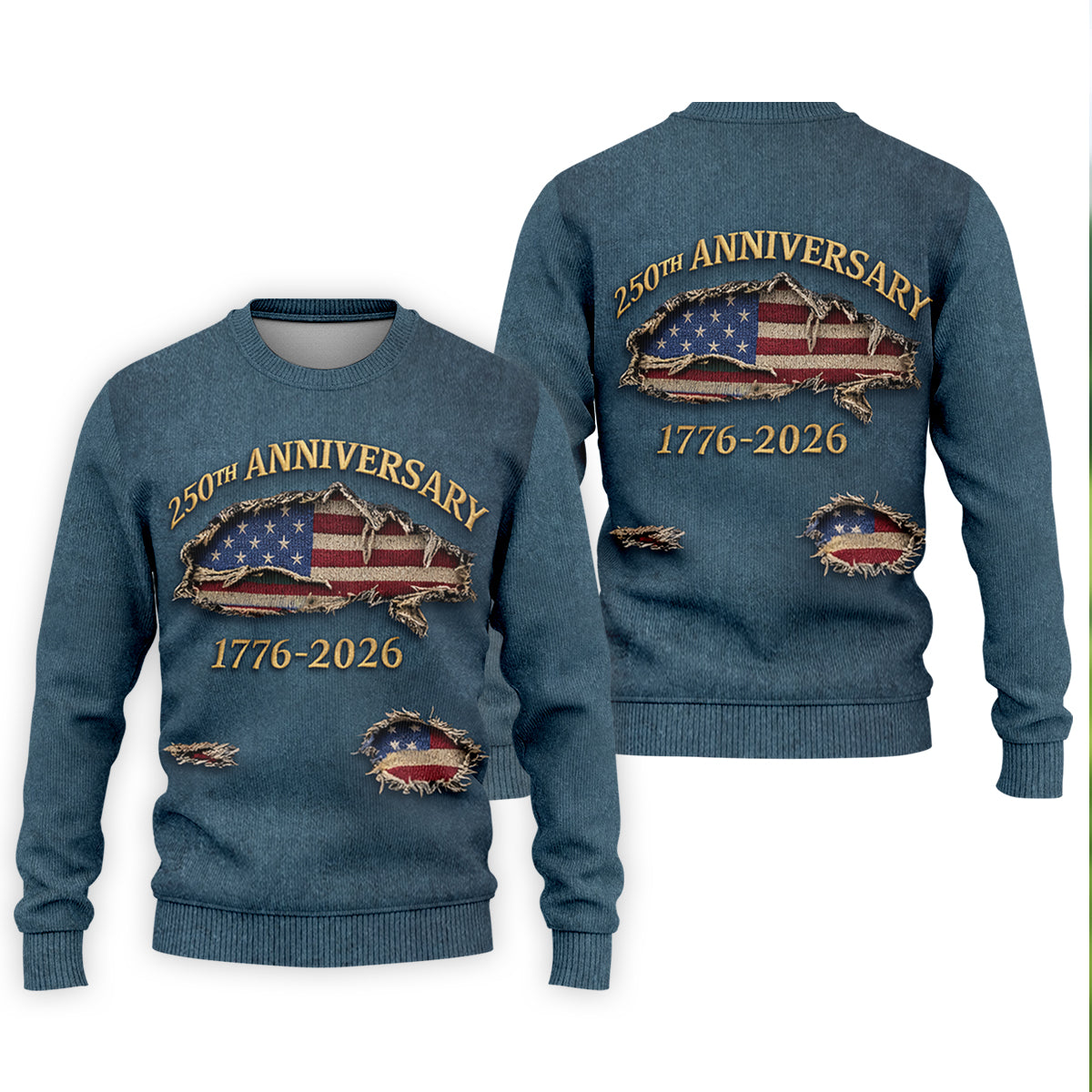 Patriotic American Flag 250th Anniversary Blue Denim Color Ripped Effect Golf Shirts For Men, Polo ShirtFor Men