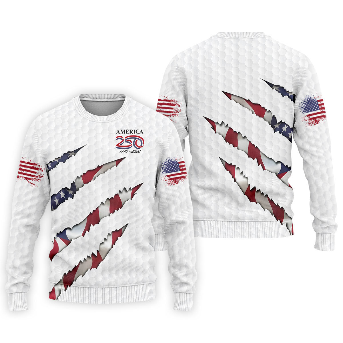 America 250 1776-2026 Scratched Flag Golf Ball Pattern White Golf Shirt, Patriotic 4th Of July Golf Shirts For Men