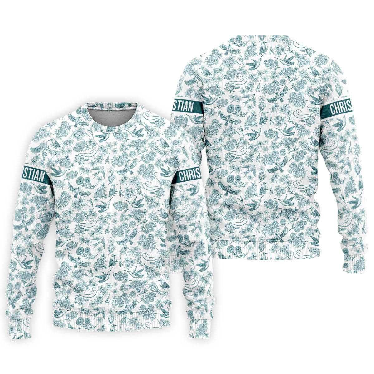 Custom Name Toile de Jouy Birds And Flowers Teal And White Polo ShirtFor Men, Golf Gift For Men