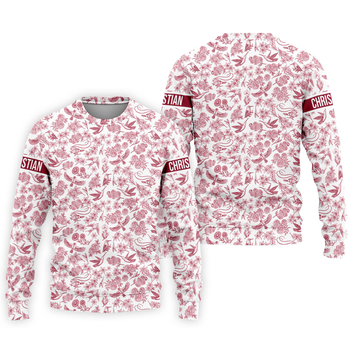 Custom Name Toile de Jouy Birds And Flowers White And Red Polo ShirtFor Men, Golf Gift For Men