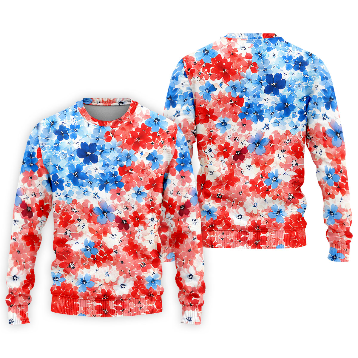 Patriotic Floral Golf Shirt, Red White Blue Blossom Pattern, Golf Shirt For Men