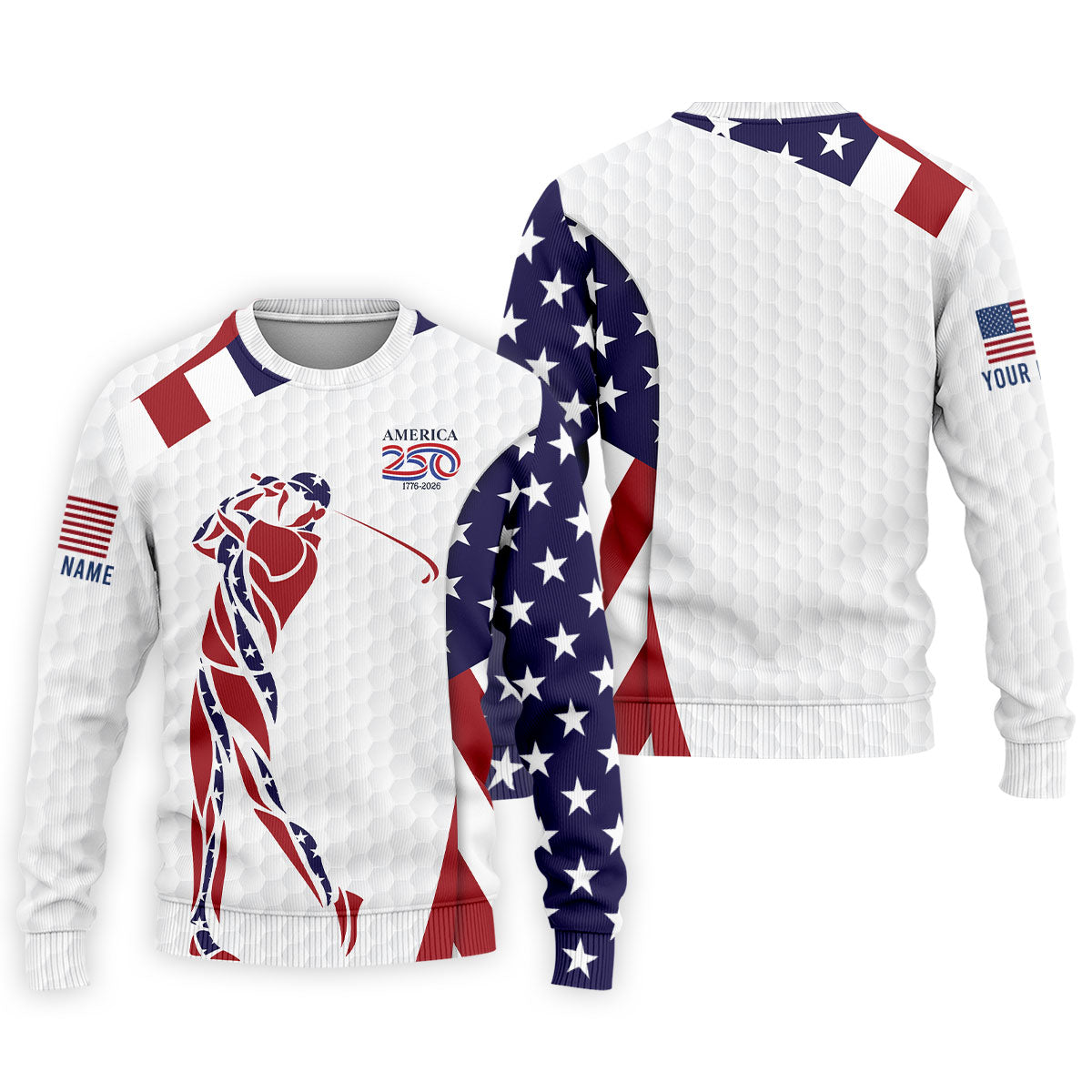 America 250 Golfer Pose Golf Ball Pattern 4th Of July Golf Shirt, Patriotic Golf Shirt, Golf Shirts For Men