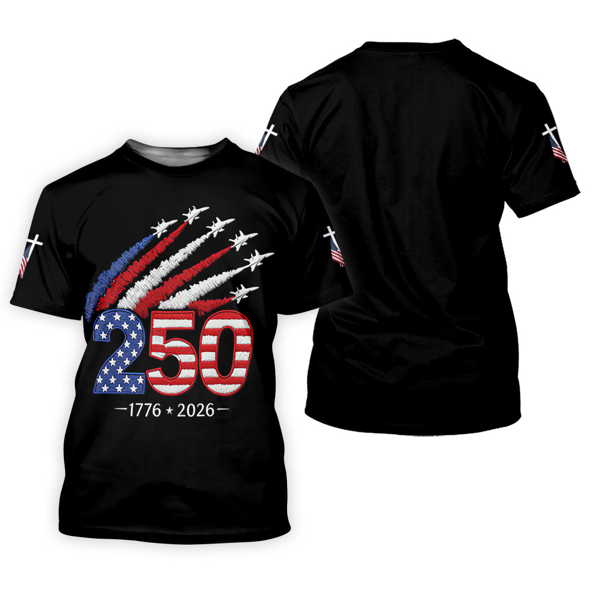 Flying Fighter Jets Faith Cross Patriotic 4th Of July Black Golf Shirt, 250 Years Golf Shirts For Men