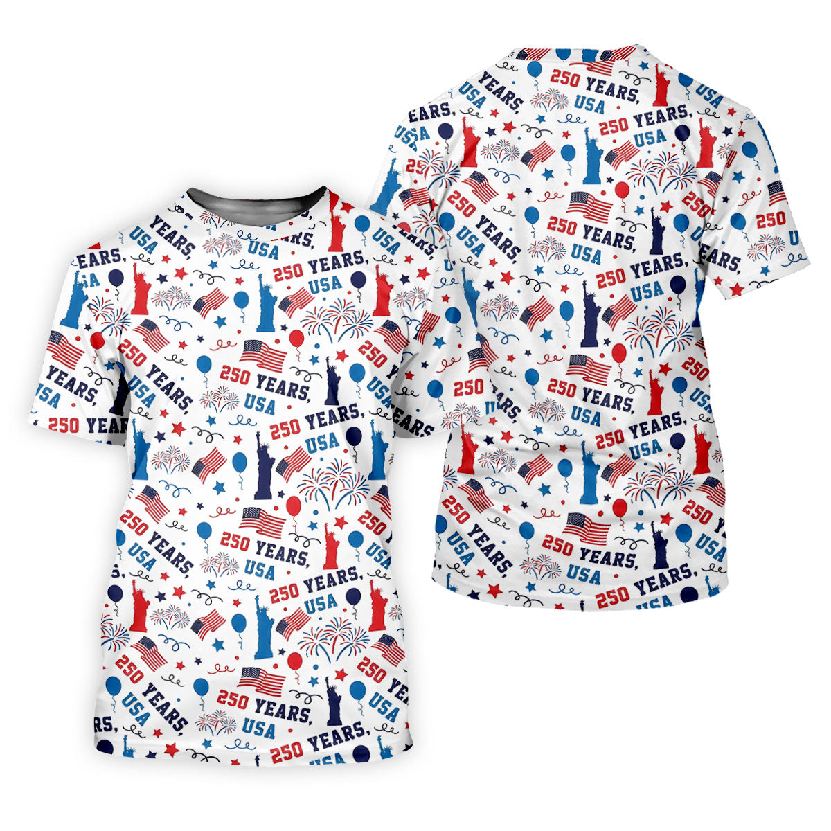 250 Years USA Red White Blue Seamless Pattern White Golf Shirt, Patriotic 4th Of July Golf Shirts For Men