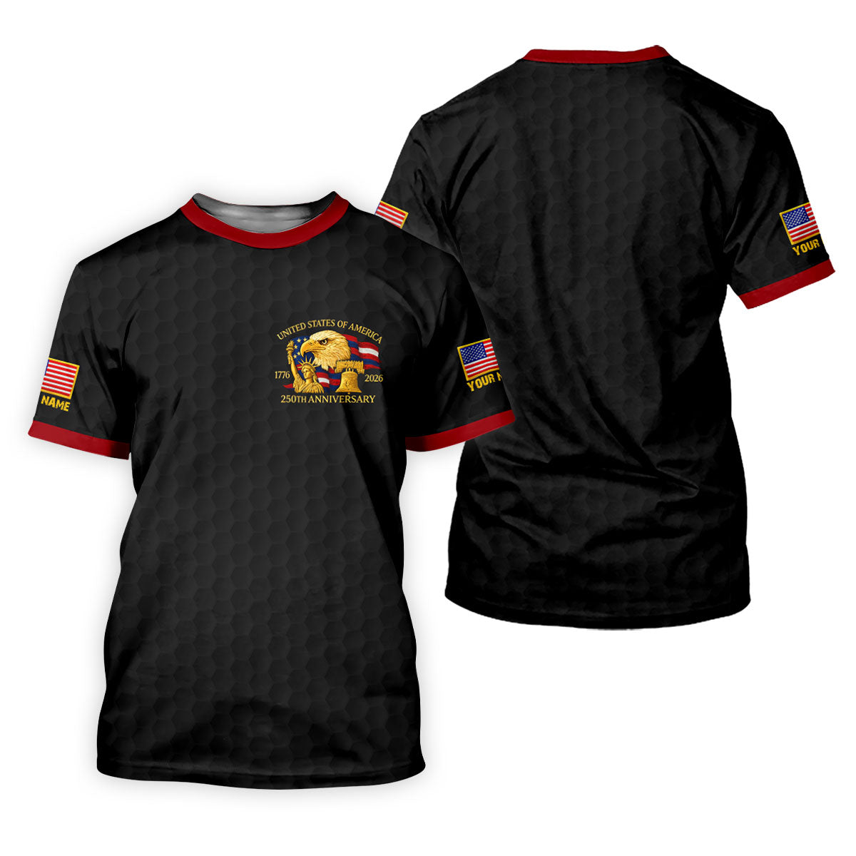 United States 250th Anniversary Patriotic Eagle Black Custom Golf Shirts, 4th Of July Golf Shirts For Men