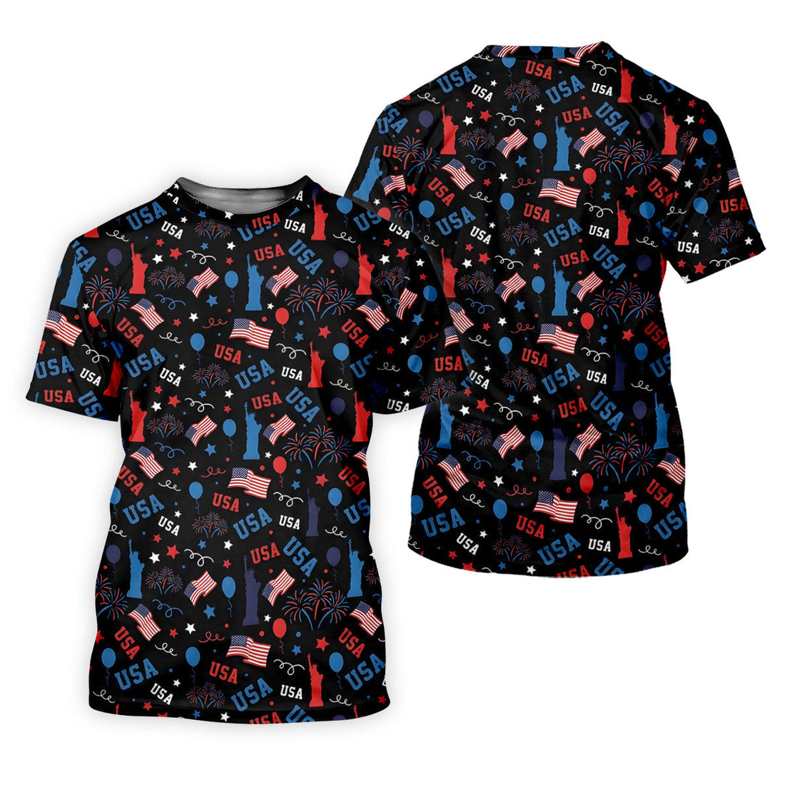 USA Red White Blue Seamless Pattern Black Golf Shirt, 250th Anniversary Patriotic 4th Of July Golf Shirts For Men