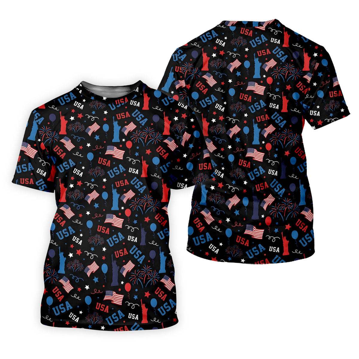 USA Red White Blue Seamless Pattern Black Golf Shirt, 250th Anniversary Patriotic 4th Of July Golf Shirts For Men