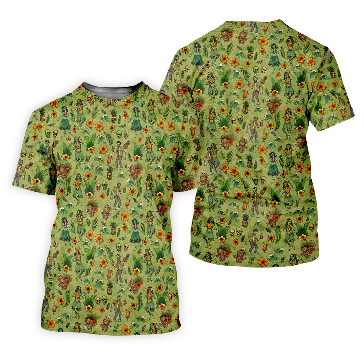 Tiki Zombie Hawaiian Golf Shirt, Hula Dancer Skull Pattern, Polo Shirts For Men