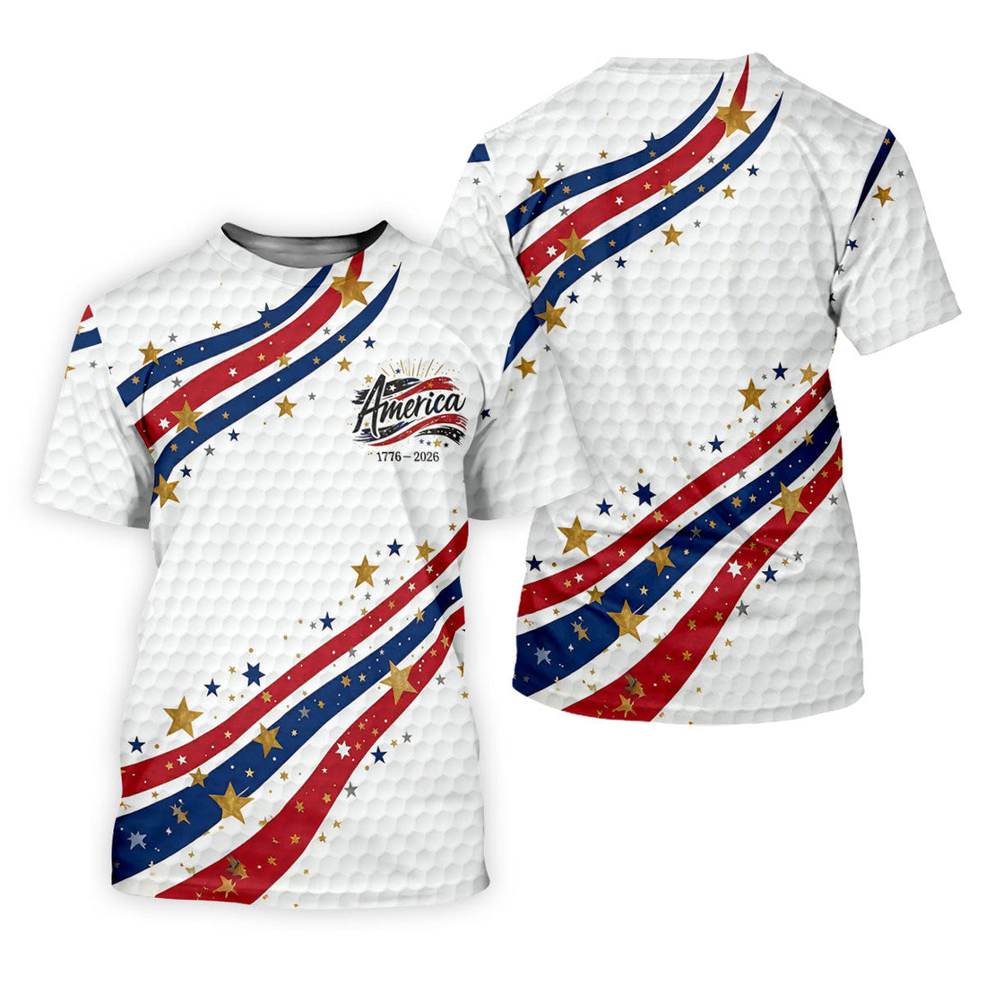 Red White Blue Wavy Stripes Golf Ball Pattern Patriotic Golf Shirt, 250th Anniversary Golf Shirts For Men