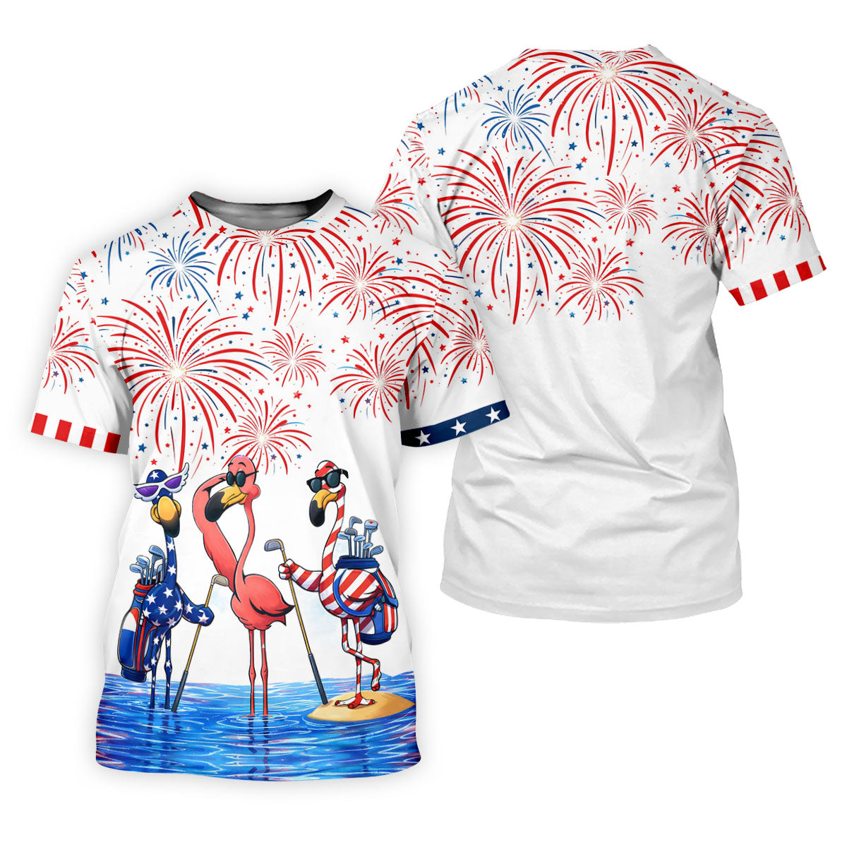 Funny Flamingo American Flag Pattern White Golf Shirt, 250th Anniversary Patriotic Golf Shirt, Women's Polo Shirt