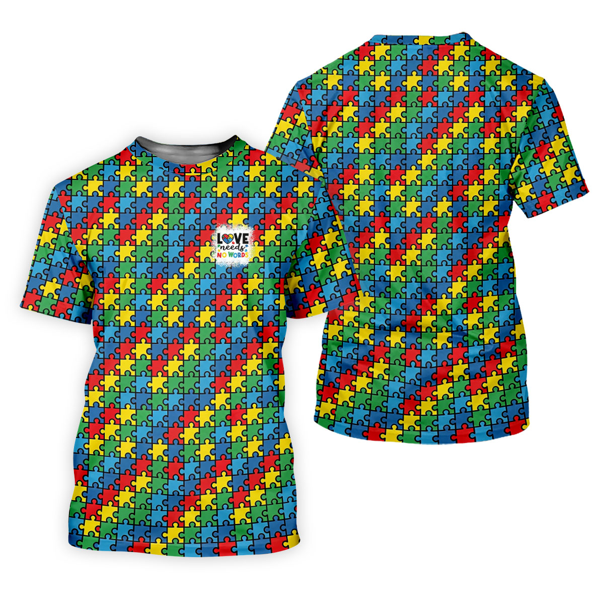 Love Needs No Words Autism Awareness Jigsaw Puzzle Pieces Men's Golf Shirt, Polo Shirt Men