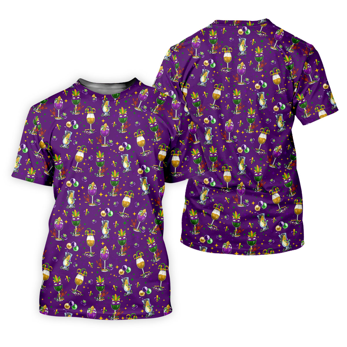 Mardi Gras Wine Glass Beaded Garland Fleur De Lis Purple Golf Shirt, Women's Golf Tops, Ladies Golf Polos