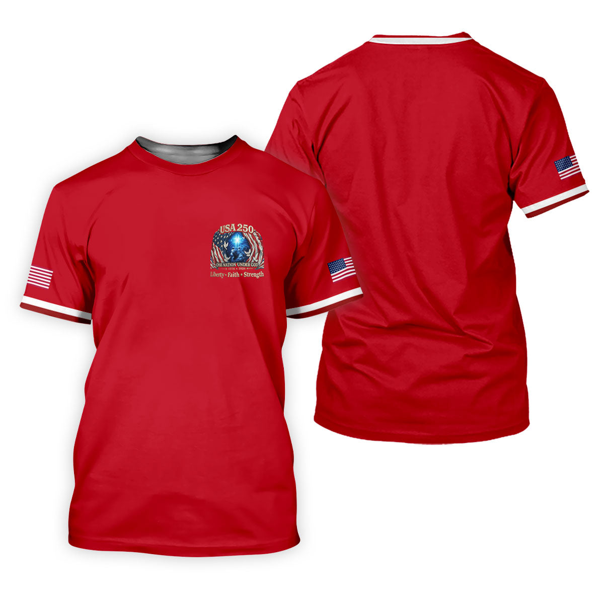 One Nation Under God Faith Cross USA 250 Logo Red Golf Shirt, 4th Of July Golf Shirts For Men