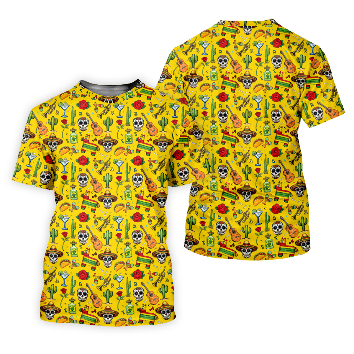 Decorated Skulls Party Items Cinco De Mayo Celebration Fiesta Themed Yellow Golf Shirts For Men