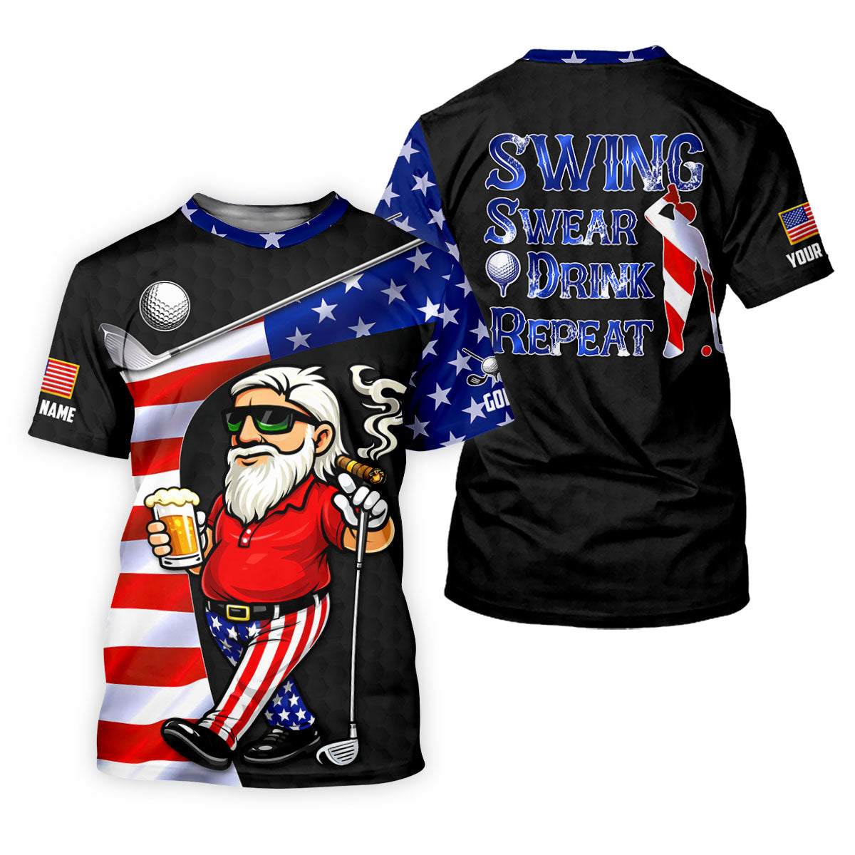 Swing Swear Drink Repeat Golf And Beer Patriotic Man 4th Of July Black Golf Shirt, 250 Years Golf Shirts For Men