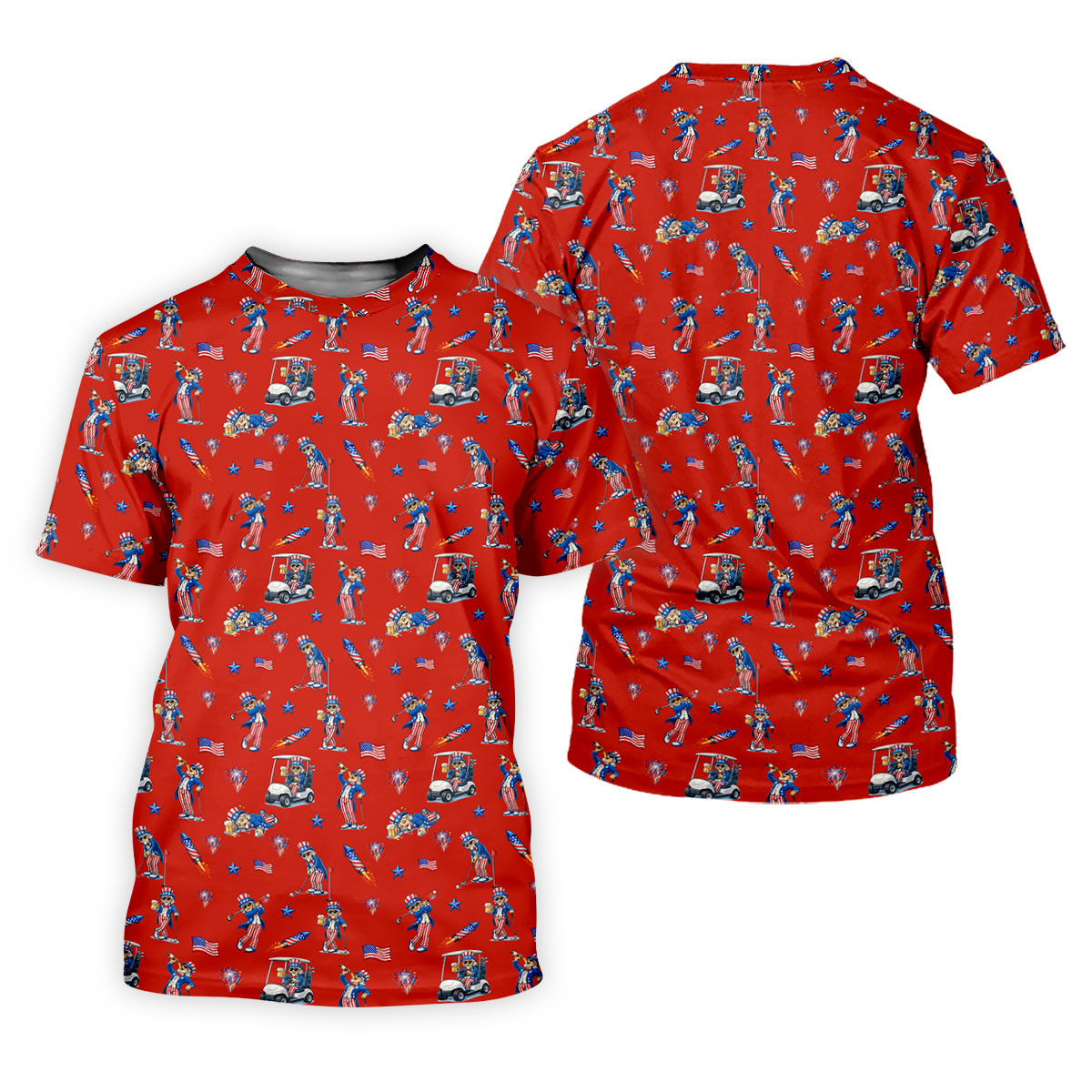 Patriotic Man Golf And Beer Funny 4th Of July Red Golf Shirt, 250 Years Seamless Pattern Golf Shirts For Men