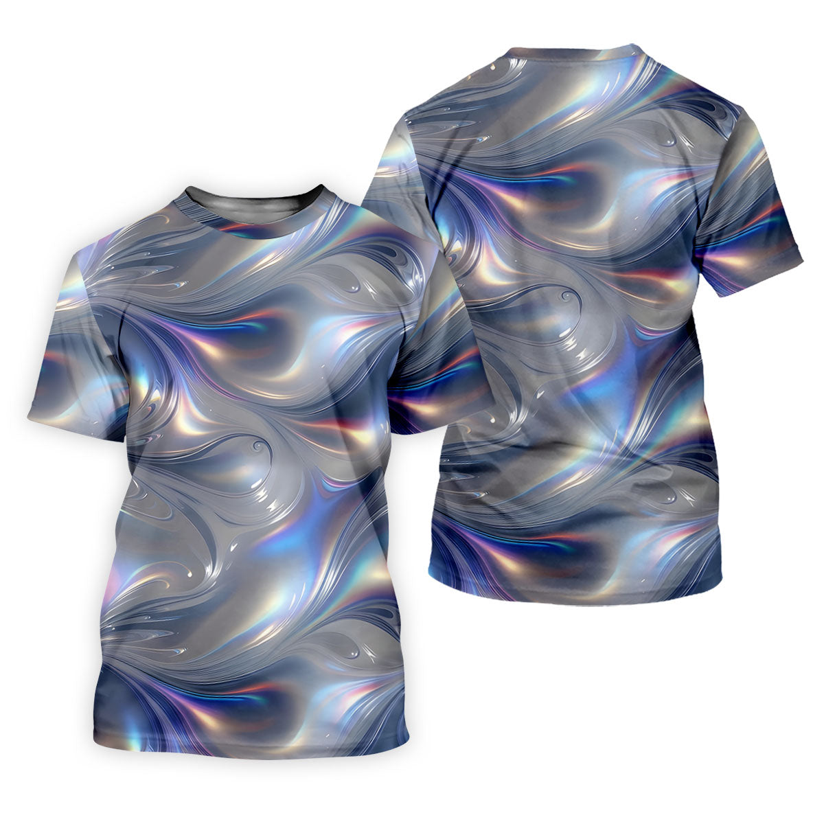 Silver Marble Golf Shirt, Futuristic Holographic Wave Pattern, Golf Shirt For Men