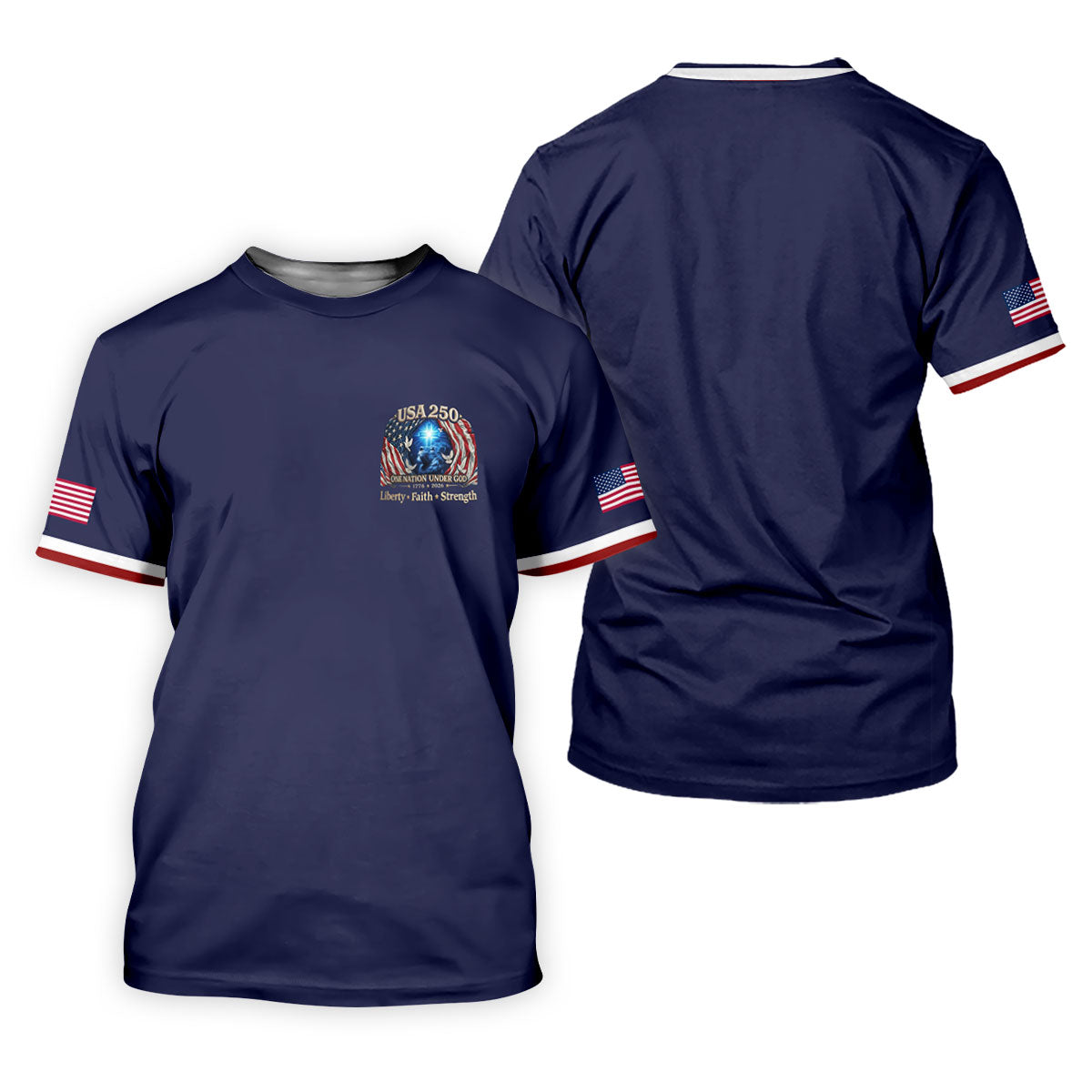One Nation Under God Faith Cross USA 250 Logo Navy Golf Shirt, 4th Of July Golf Shirt For Women