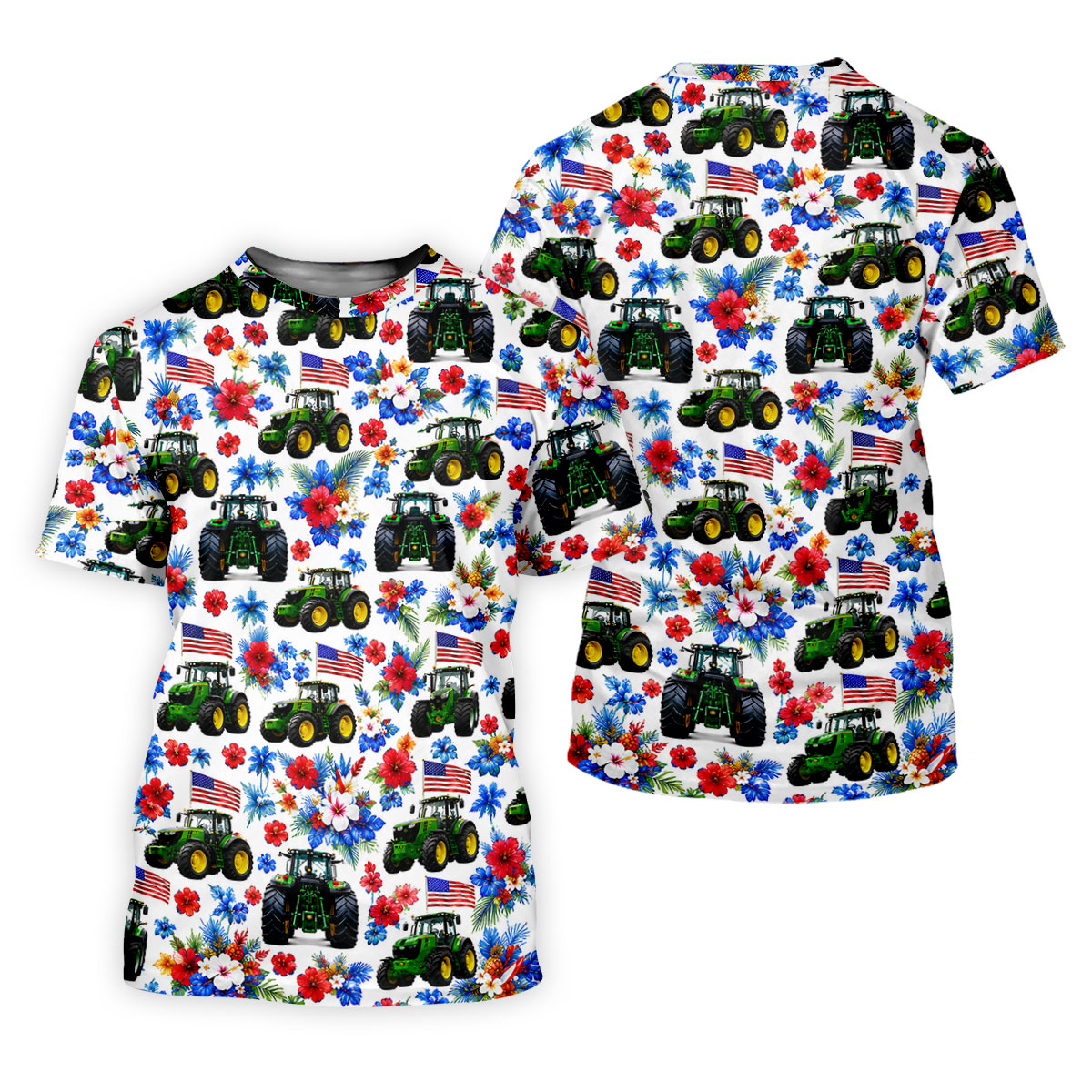 American Tractor Golf Shirt, Patriotic Wildflower Country Farm Pattern, Golf Shirt For Men