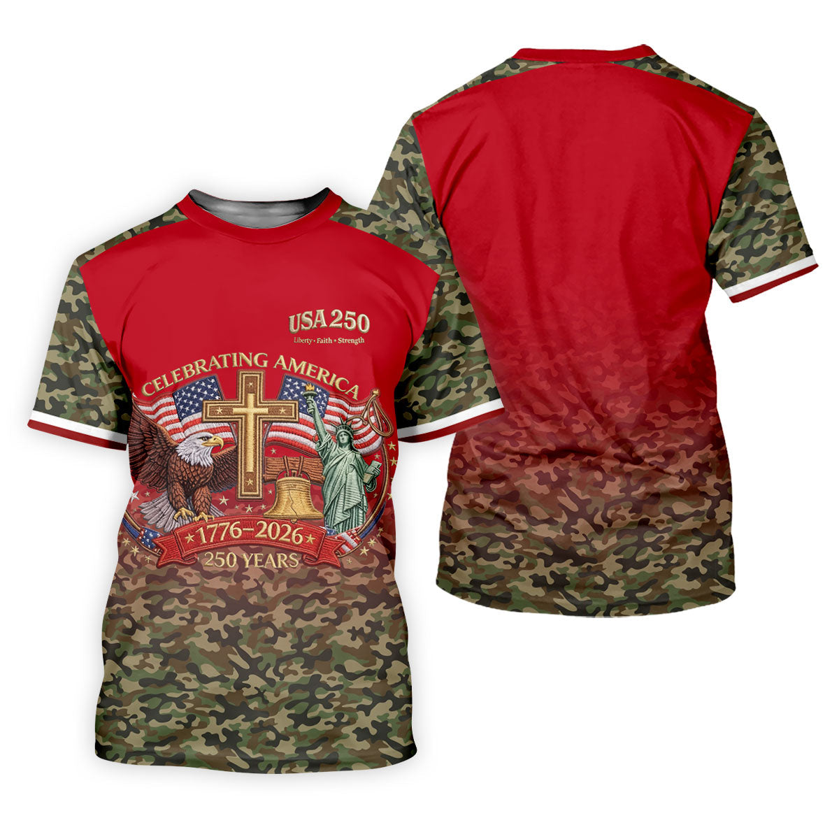 Liberty Faith Strength Faith Cross USA 250 Red Camo Golf Shirt, 4th Of July Golf Shirts For Men
