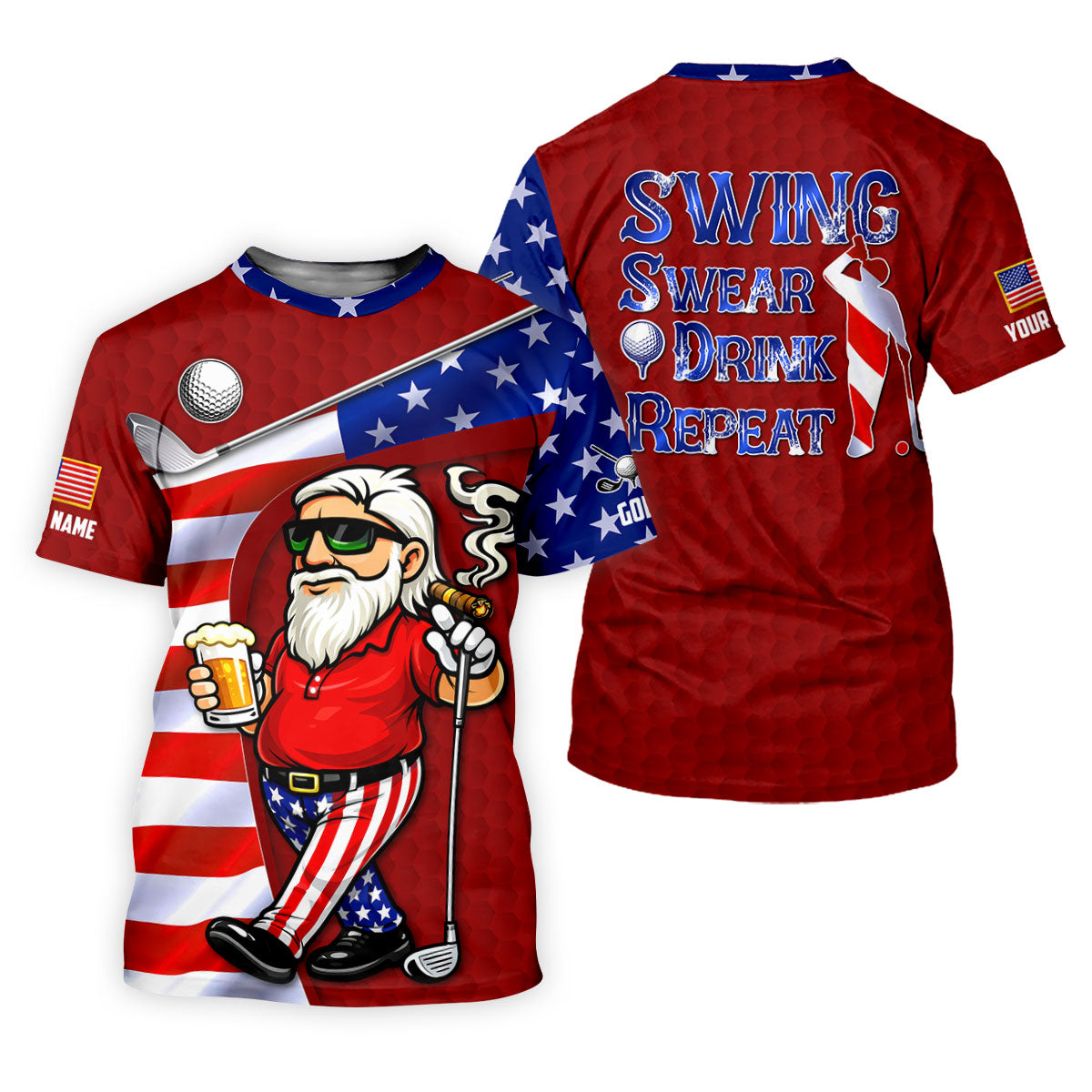 Swing Swear Drink Repeat Golf And Beer Patriotic Man 4th Of July Red Golf Shirt, 250 Years Golf Shirts For Men