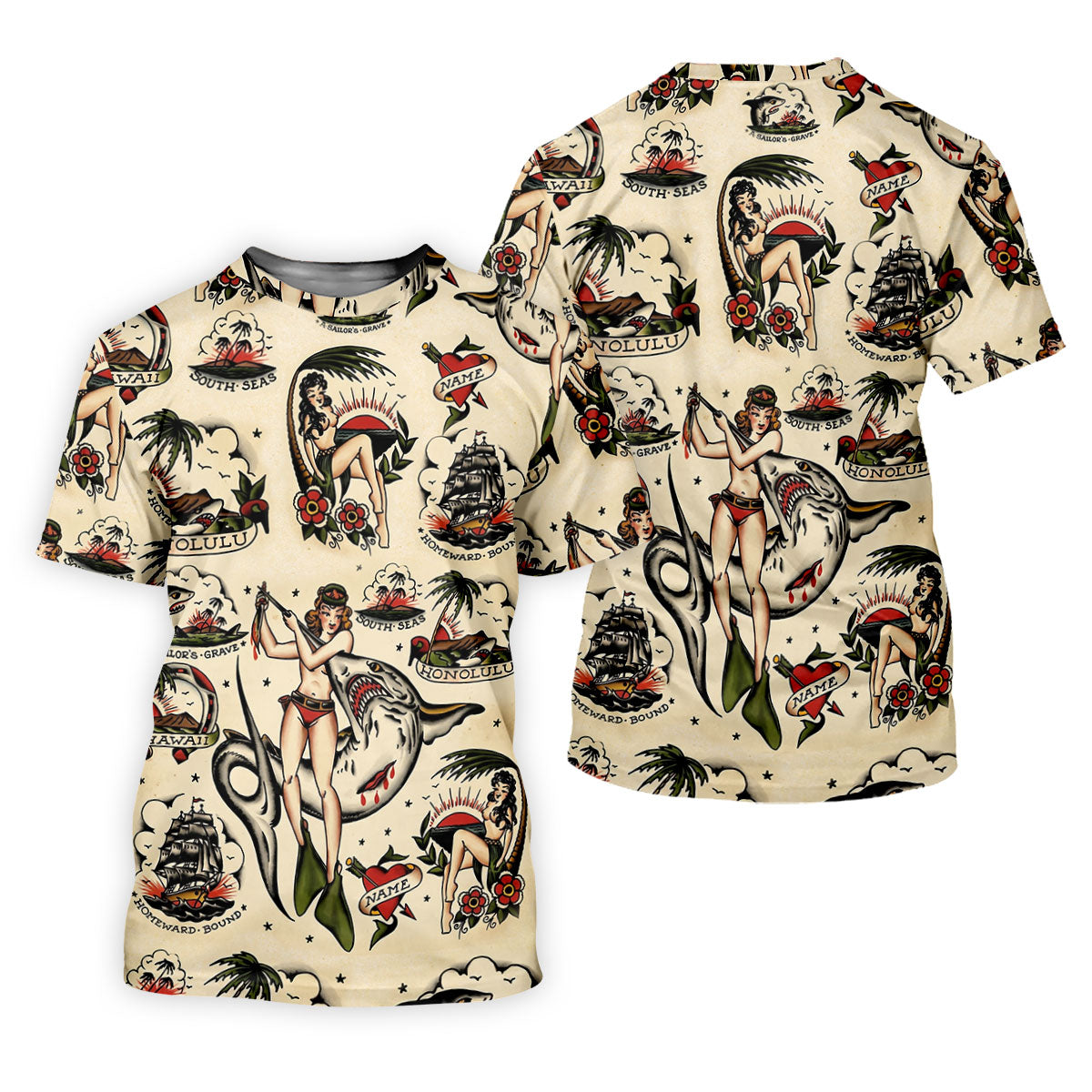 Vintage Hawaiian Pin Up Shark Tattoo Golf Shirt, Ladies Golf Shirts, Women’s Golf Apparel