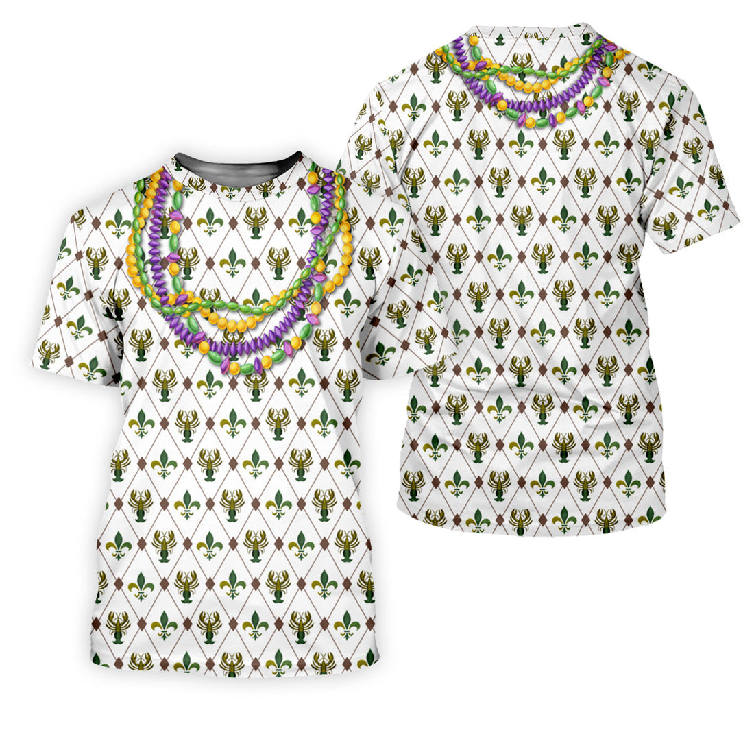 Mardi Gras Purple Green Gold Beads Chain Fleur De Lis Argyle Pattern White Golf Shirt, Women's Golf Tops
