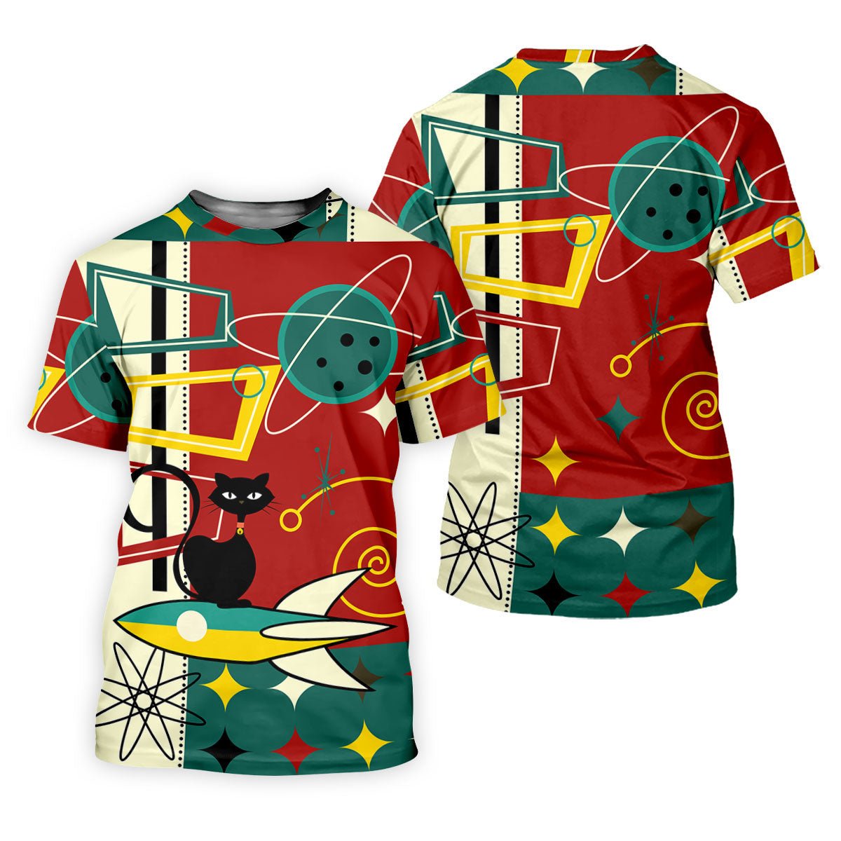 Geometric Abstraction Atomic Cat Hawaiian Golf Shirt, Retro Golf Shirt, Women's Golf Tops