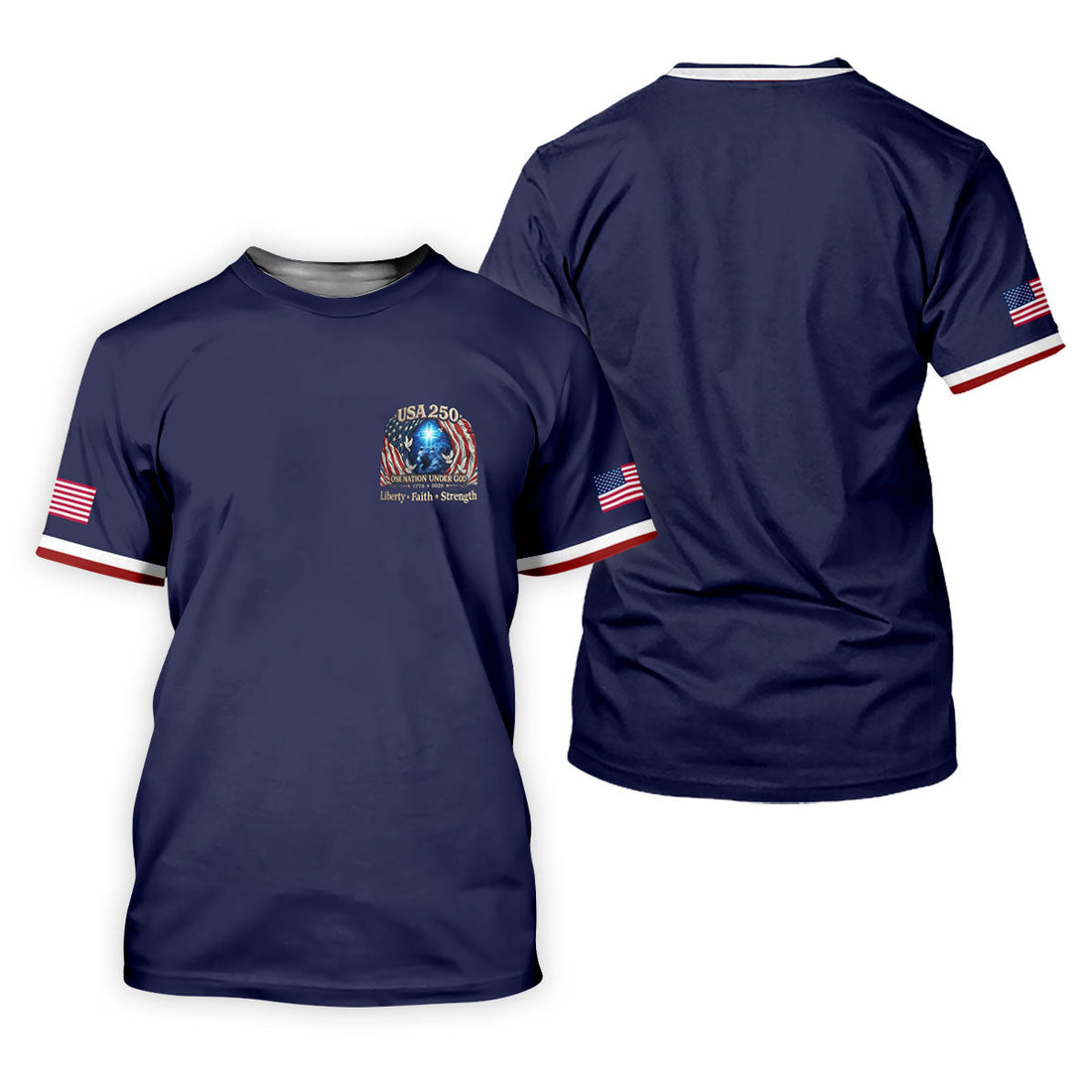 One Nation Under God Faith Cross USA 250 Logo Navy Golf Shirt, 4th Of July Golf Shirts For Men