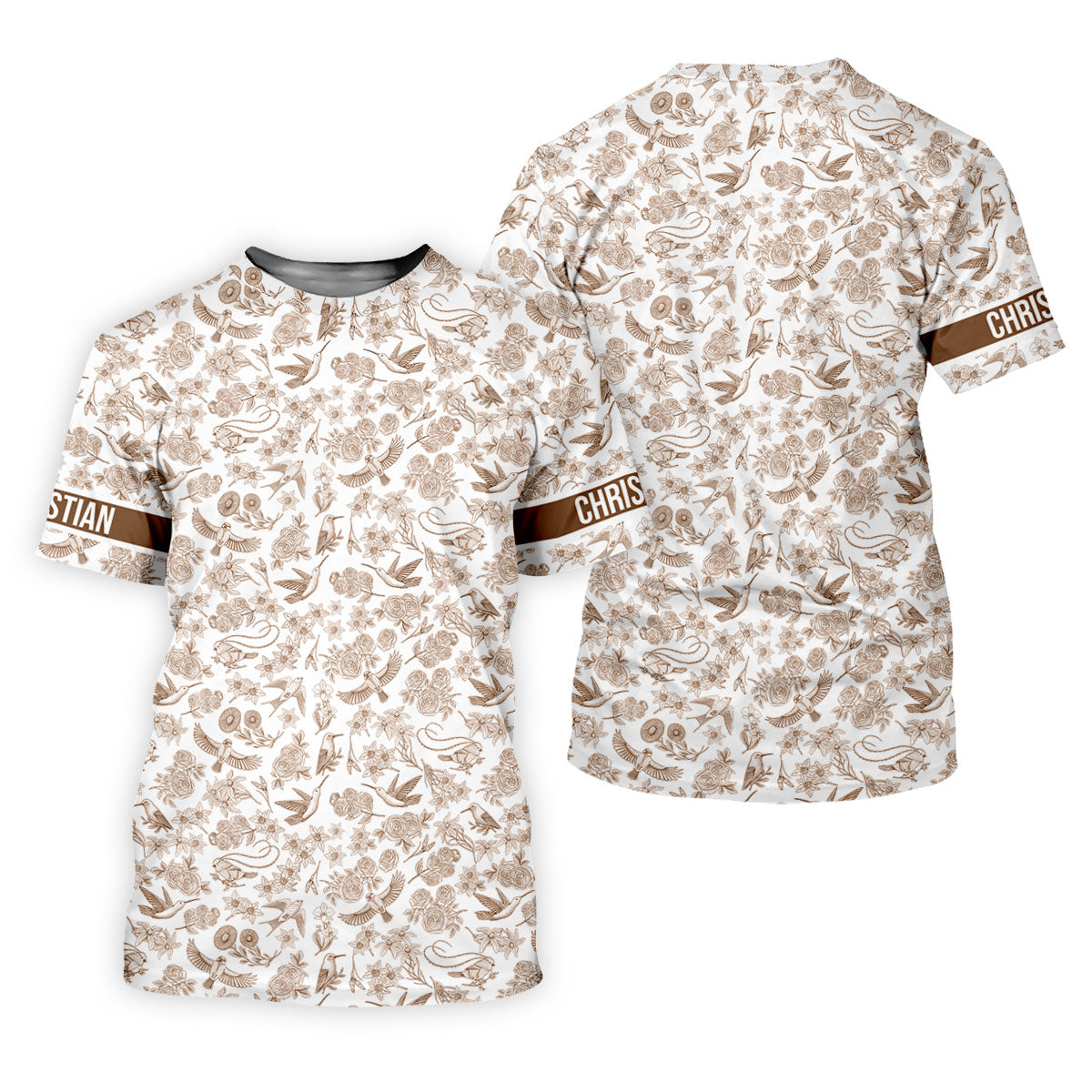 Custom Name Toile de Jouy Birds And Flowers Brown Golf Shirt, Polo ShirtFor Men, Golf Gift For Men