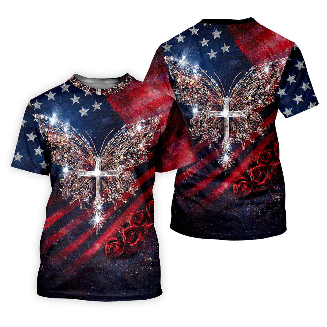Faith Cross Shimmering Butterfly 250th Anniversary Golf Tops For Men, Patriotic 4th Of July Golf Shirts For Men
