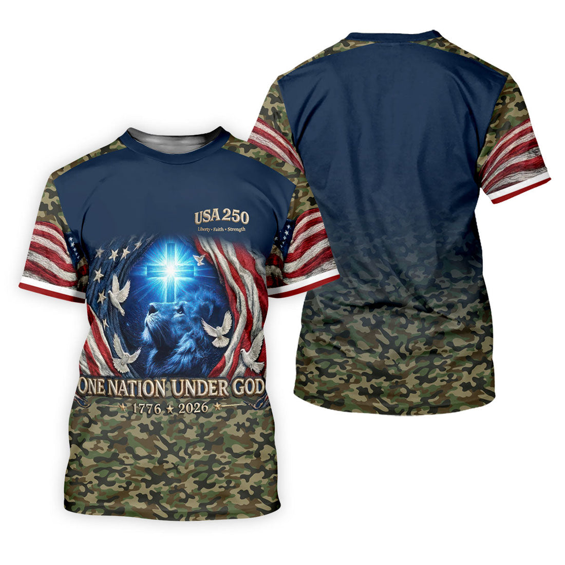 One Nation Under God Faith Cross USA 250 Navy Camo Golf Shirt, 4th Of July Golf Shirts For Men