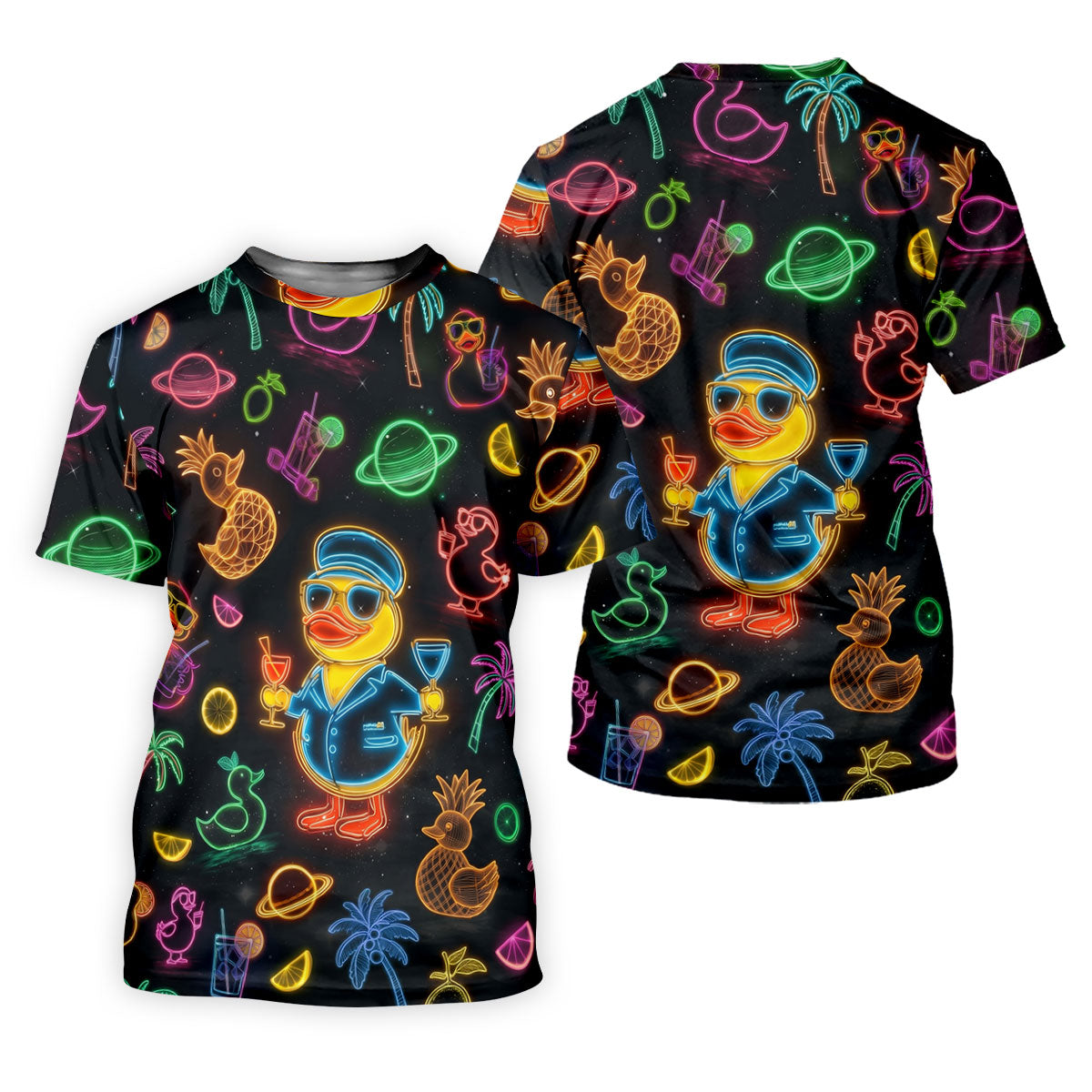 Jet Black Neon Duck Tropical Pattern Hawaiian Golf Shirt, Golf Shirts For Men, Polo Shirts For Men